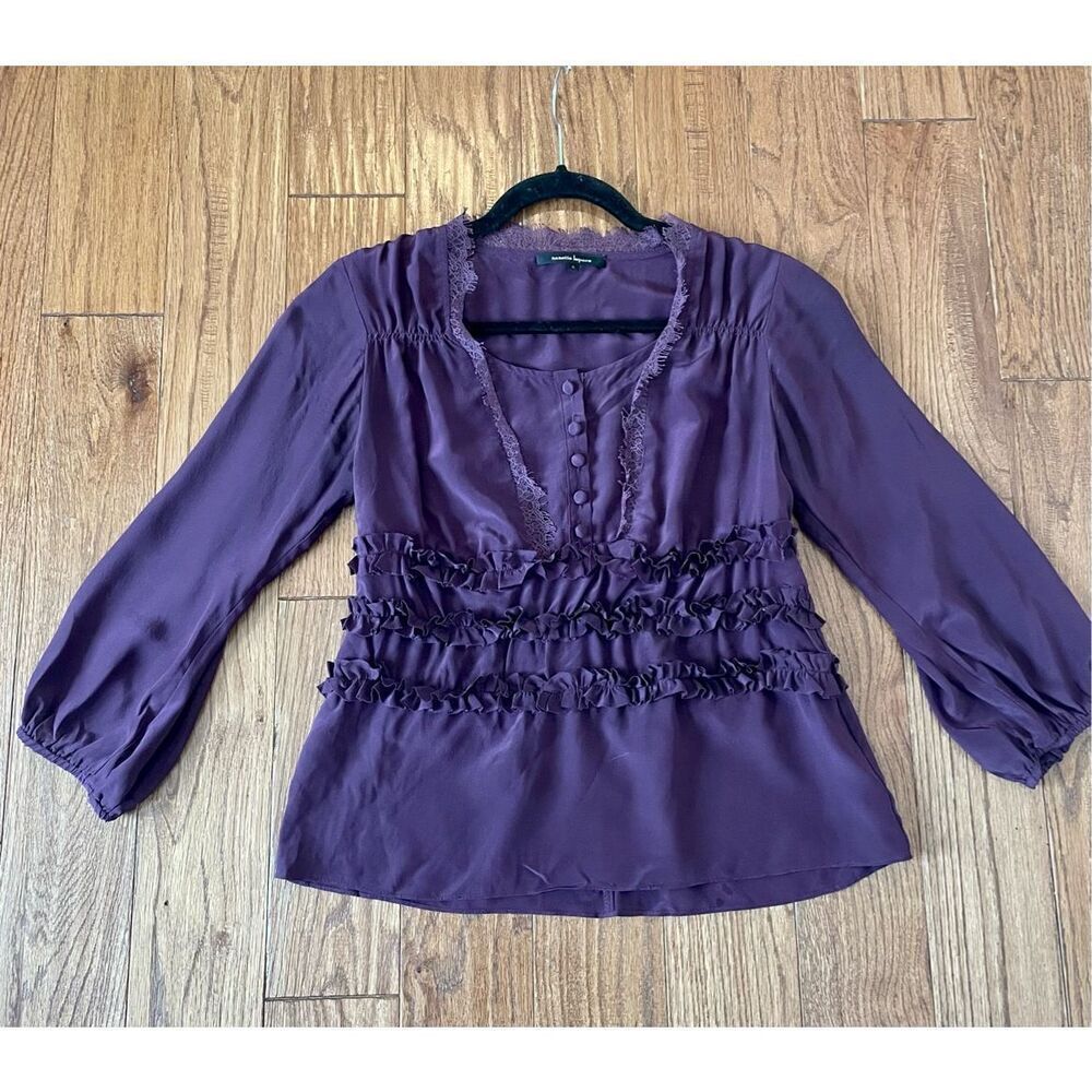 Nanette lepore 100% silk purple ruffled lace trim blouse size 0 - Picture 7 of 10